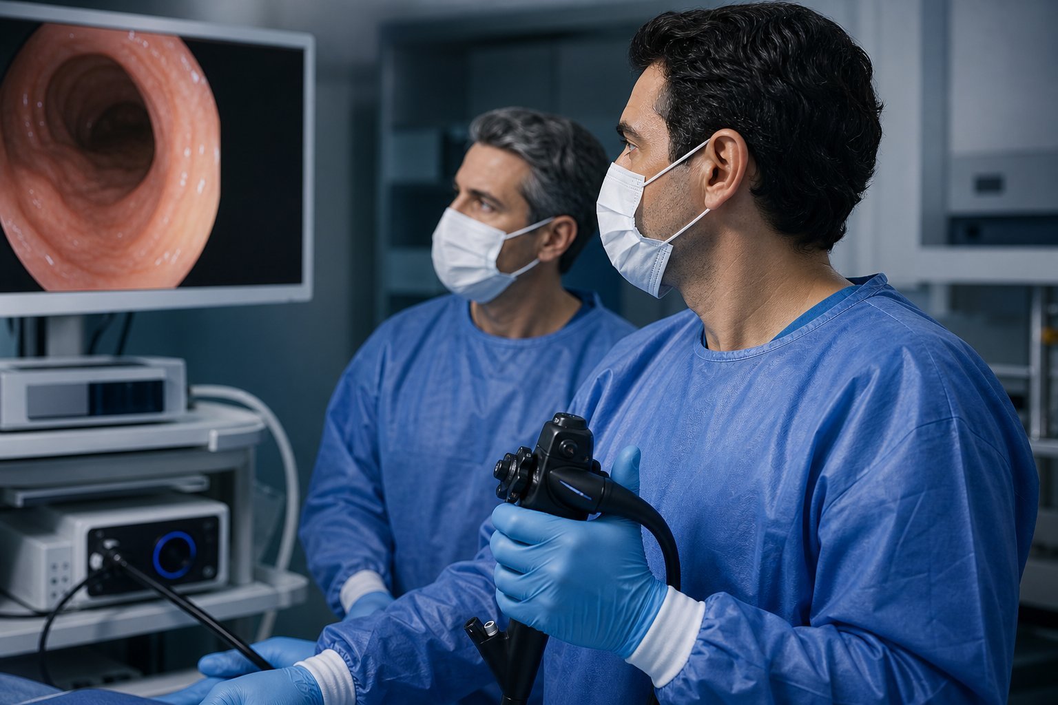 Médicos em treinamento prático com equipamento de endoscopia — imagem ilustrativa
